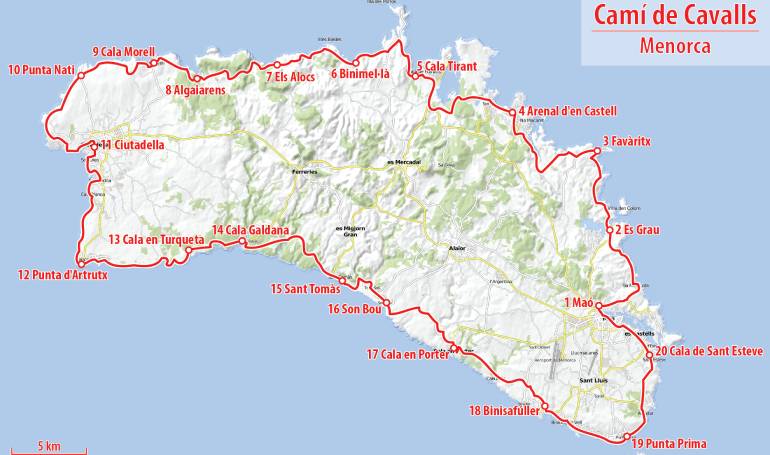 Mapa del Camí de Cavalls que rodea el litoral de Menorca